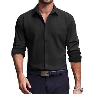 Coofandy Men Solid Black Long Sleeve Button Down Regular Fit Business Shirt